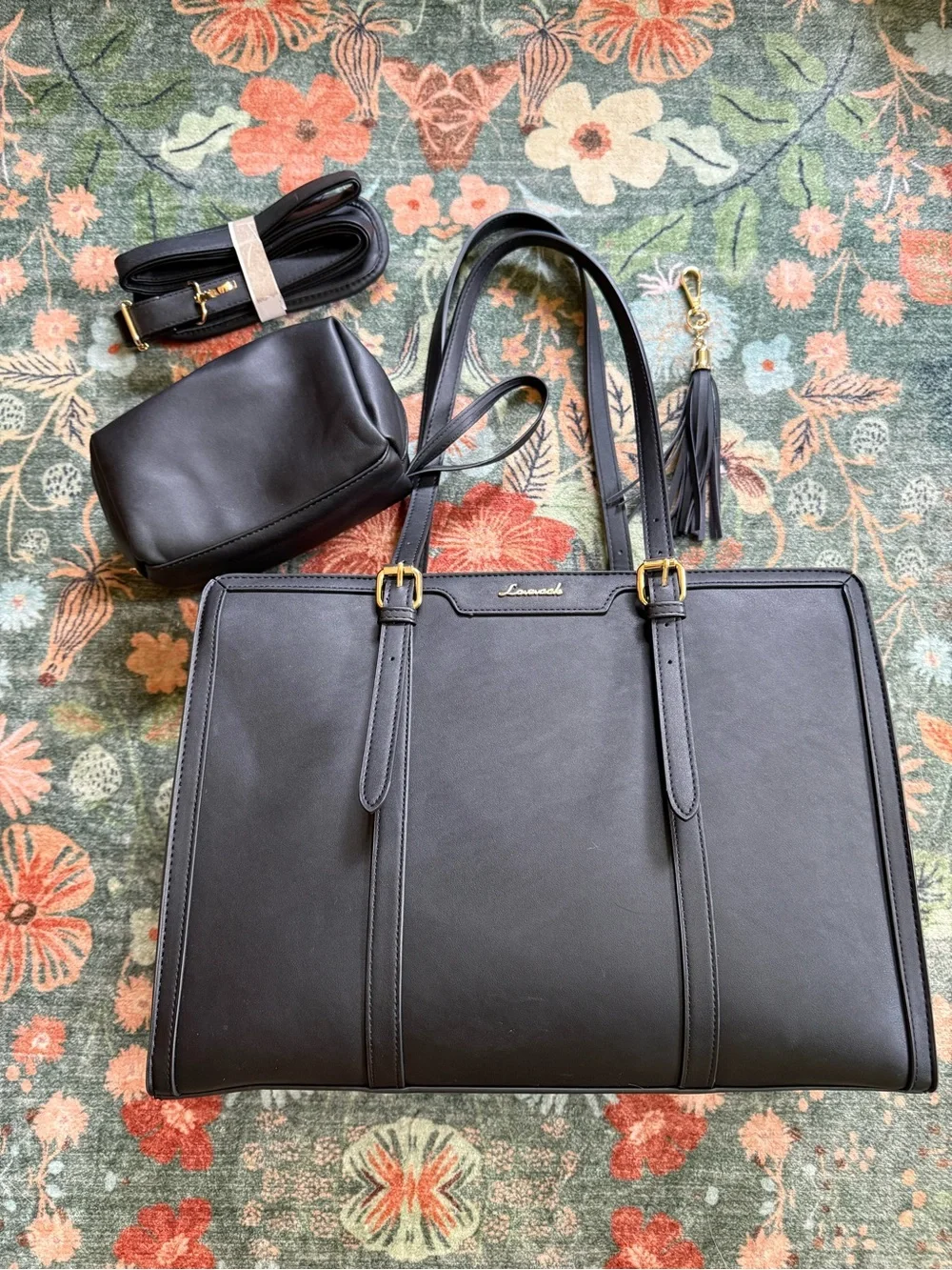 Lovevook Structured Black Laptop Tote with Double Top Handles